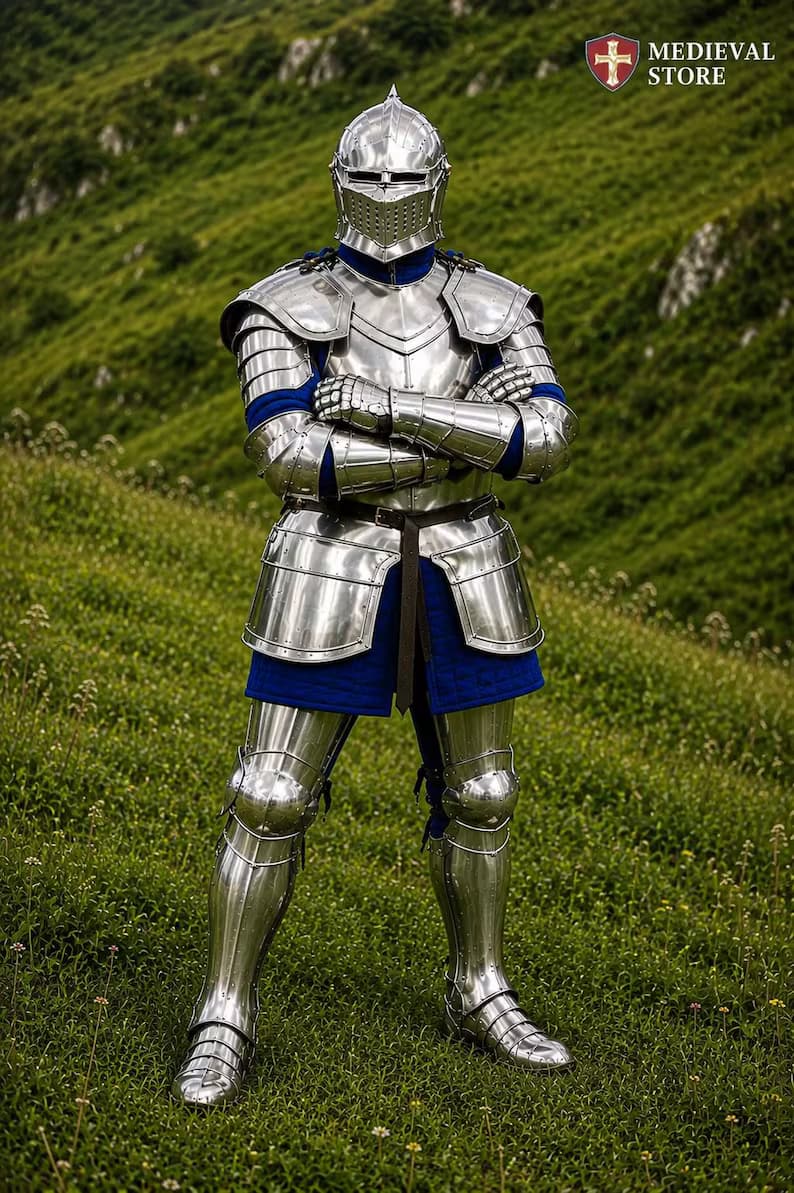 Medieval knight armor with black Crusader tunic and cape
