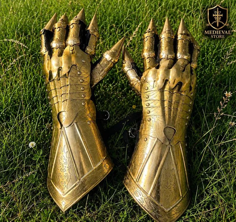 Ornate Golden Medieval Gauntlets – Engraved Knight Armor Glo