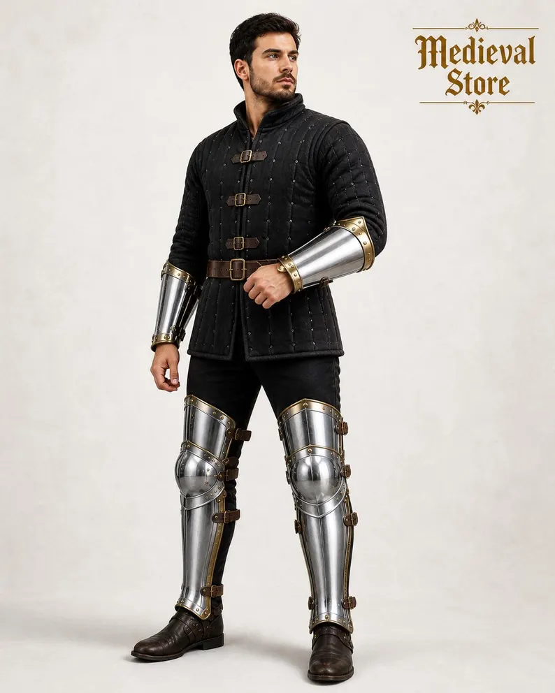 Medieval Leg Armor & Arm Bracers Set – Steel Greaves with Leather Straps – LARP Knight Armor, Cosplay Costume,Renaissance Outfit