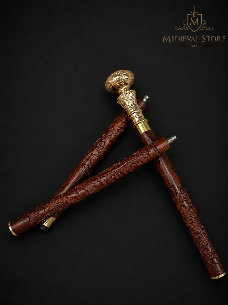 Vintage Antique Walking Cane | Wooden Walking Stick Brass Handle Knob Gift .