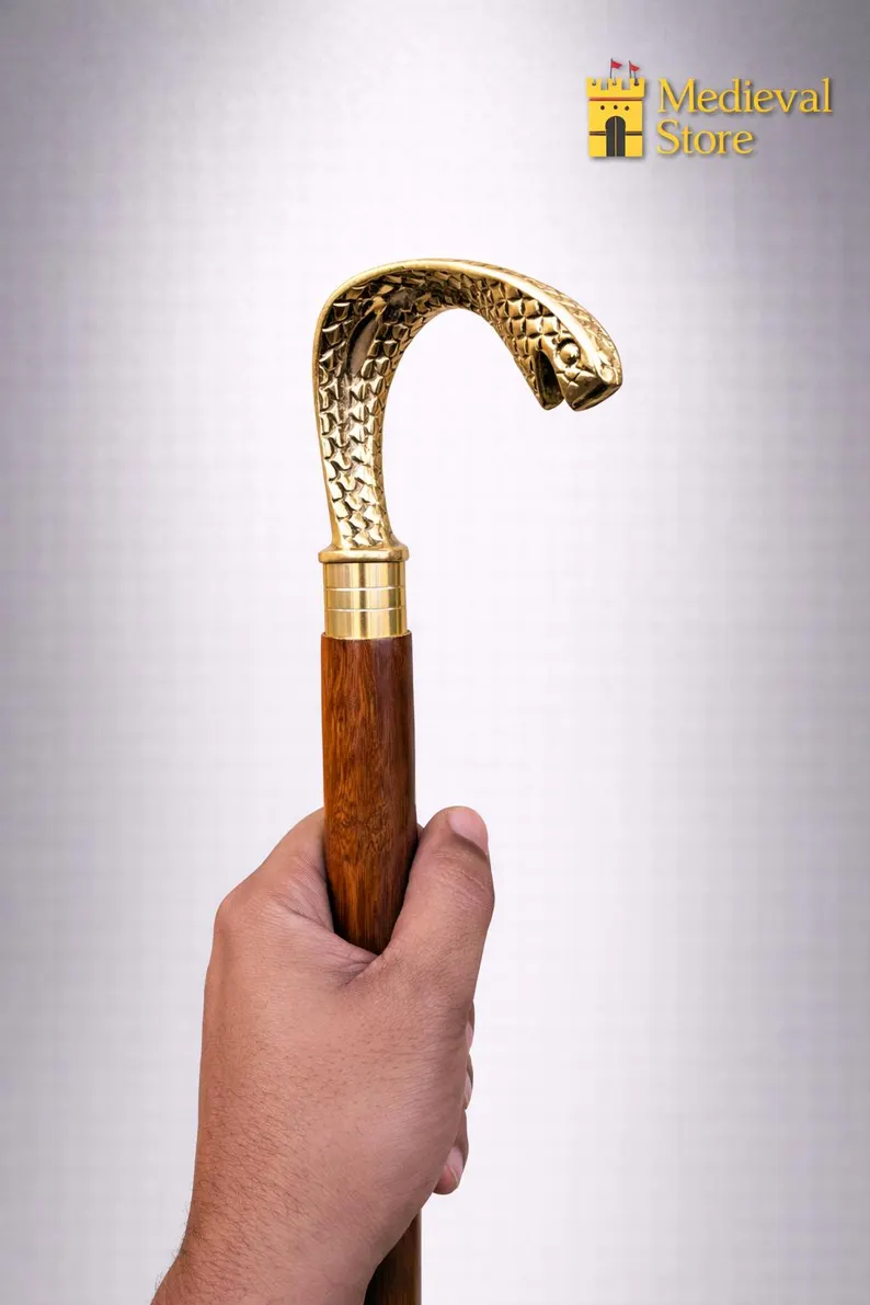 Handcrafted Snake Head 3-Fold Walking Stick – Solid Brass Handle Cane – 36 Inch Folding Wooden Staff – Medieval Gentleman’s Cane