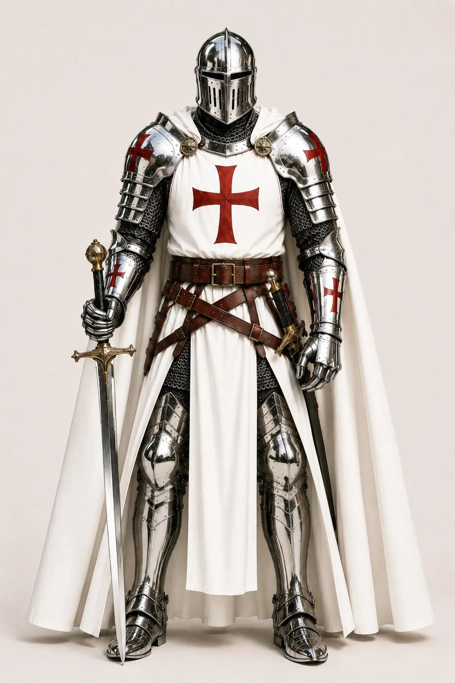 Medieval Templar Knight Armor Suit with White Surcoat, Red Cross, Helmet, Gauntlets & Sword