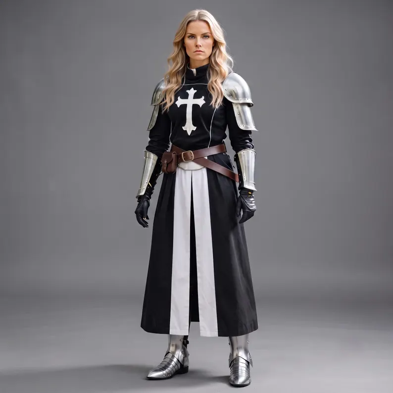 Women’s Medieval Templar Knight Armor Costume – Black & White Crusader Dress with Shoulder Armor & Gauntlets