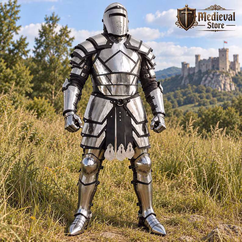 Medieval Knight Armor Suit – Black & Silver Steel Armor with