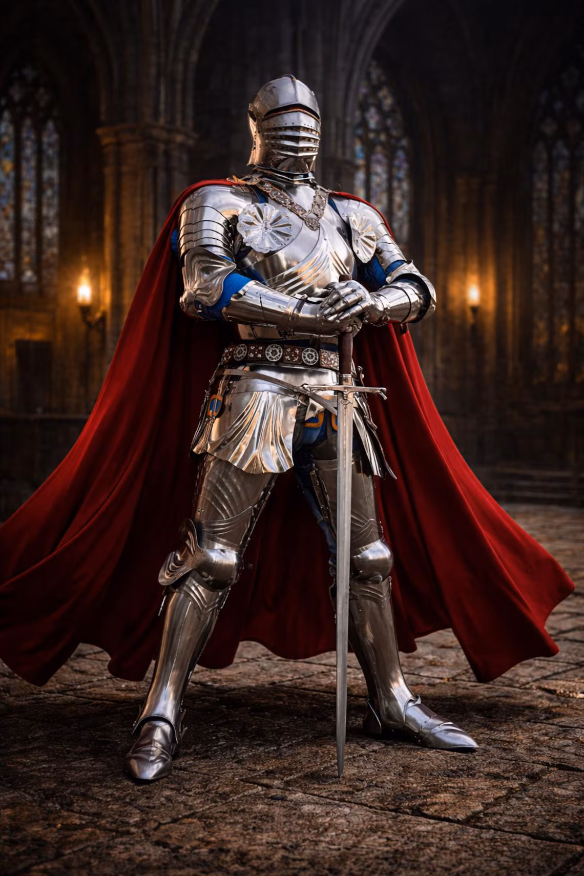 Medieval Knight Armor with Red Cape & Sword | Silver Plate A