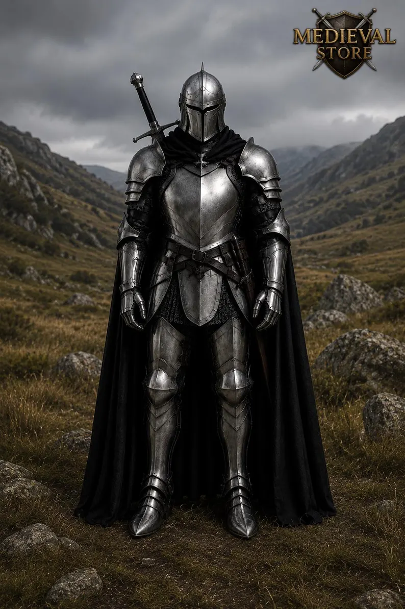 Medieval Black Knight Steel Armor Set with Helmet and Cape