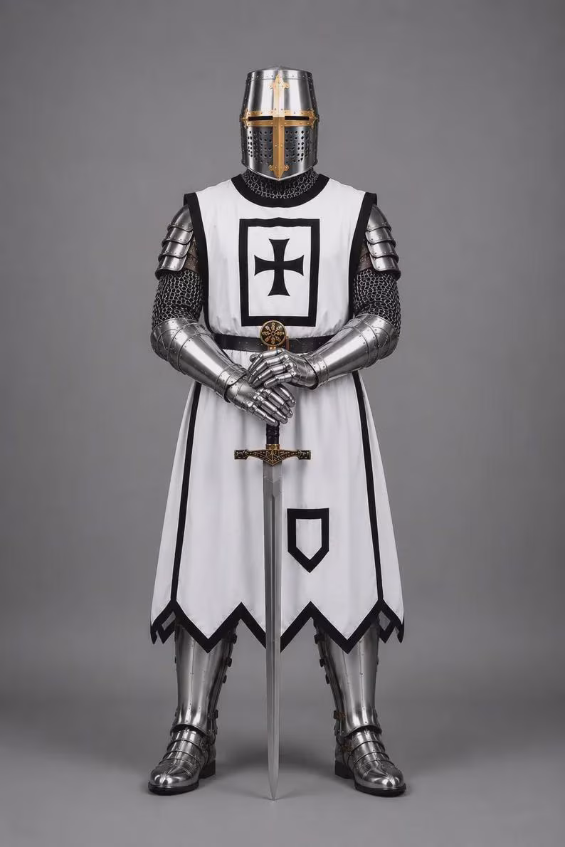 Templar Knight Armor Set with White Surcoat & Chainmail