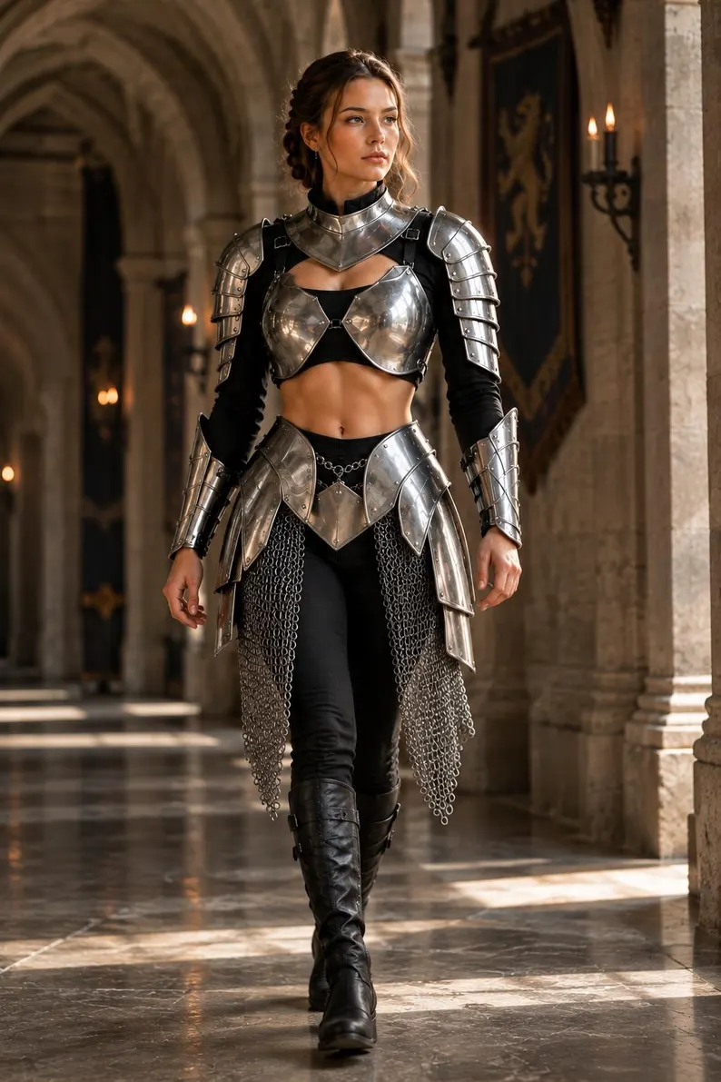 Women's Medieval Silver Armor Set with Chainmail